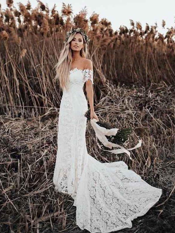 Off-the-Shoulder Trumpet/Mermaid Applique Short Sleeves Lace Court Train Wedding Dresses