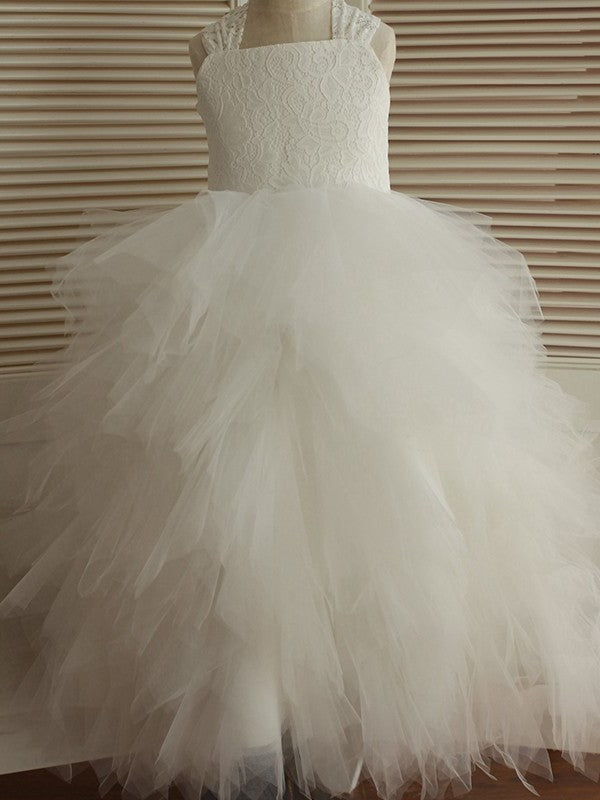 Tulle Ankle-Length Sleeveless A-Line/Princess Straps Lace Flower Girl Dresses