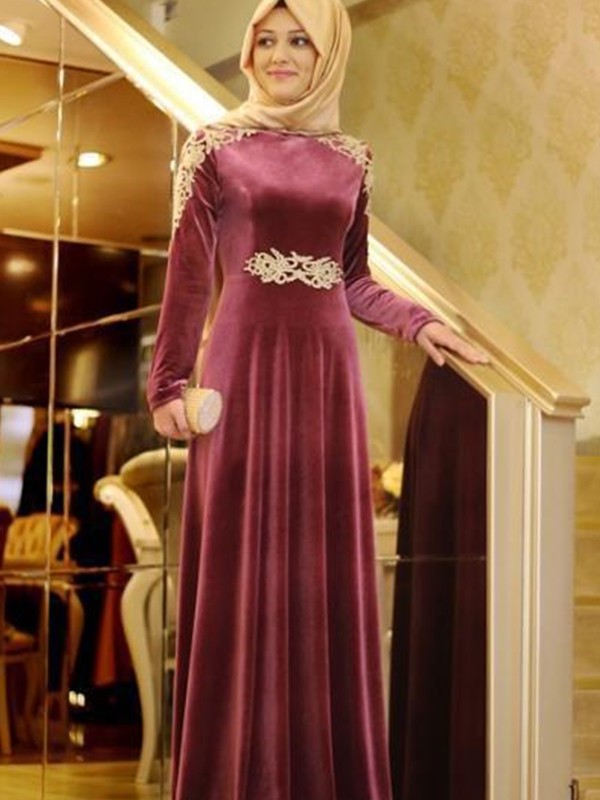 Sleeves Scoop Floor-Length Long A-Line/Princess Ruffles Velvet Muslim Dresses
