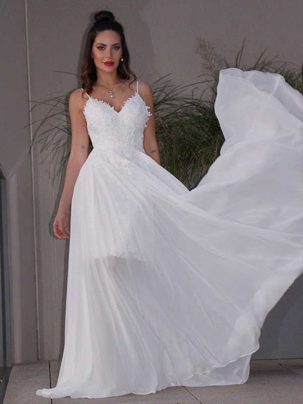 Sweep/Brush Chiffon Sleeveless V-neck A-Line/Princess Applique Train Wedding Dresses