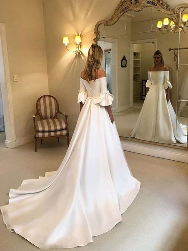 Off-the-Shoulder Sleeves Court Charmeuse A-Line/Princess 3/4 Ruffles Train Wedding Dresses