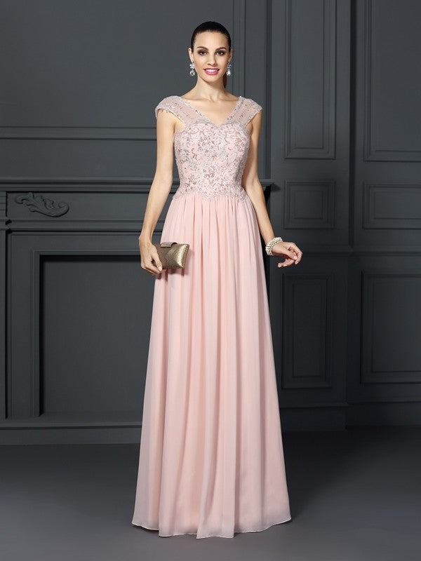 Sleeveless Applique Straps A-Line/Princess Long Chiffon Dresses