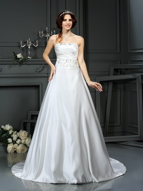 A-Line/Princess Beading Strapless Sleeveless Long Satin Wedding Dresses