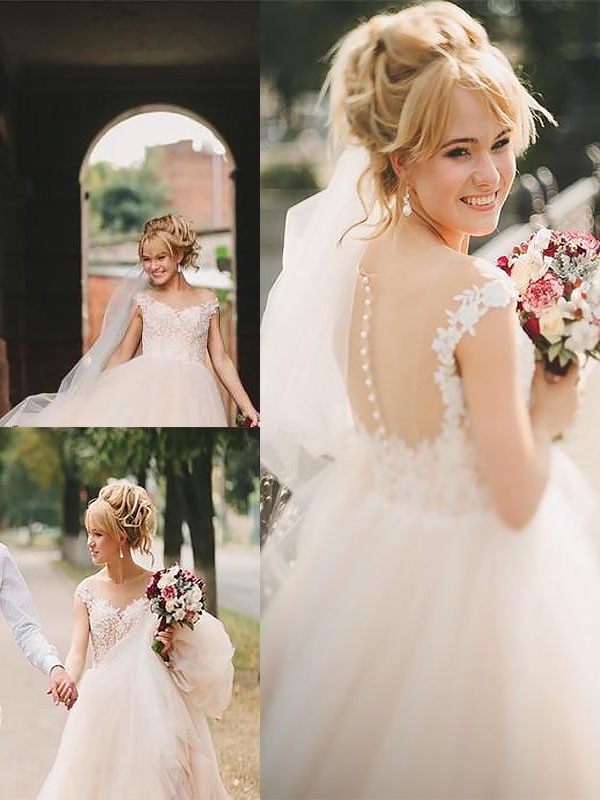 Tulle A-Line/Princess Train Court Scoop Sleeveless Wedding Dresses