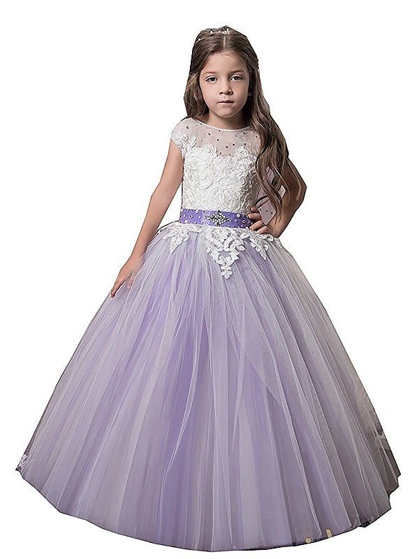 Applique Sleeveless Tulle Floor-Length Gown Jewel Ball Flower Girl Dresses