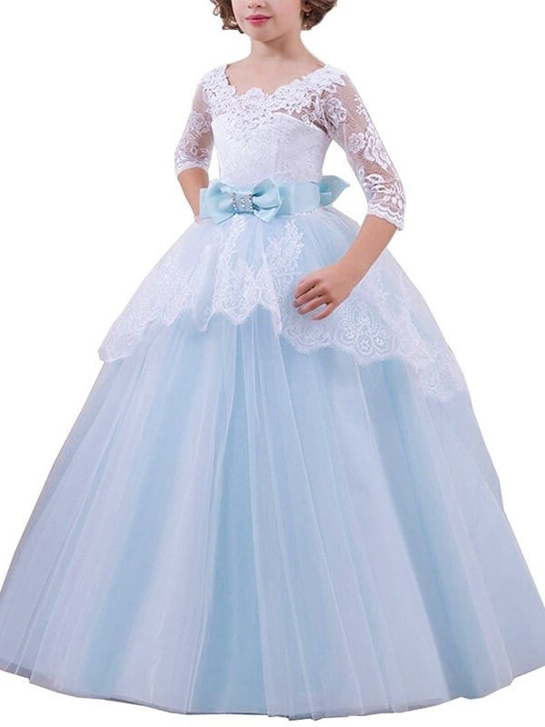 Tulle 1/2 Sleeves Jewel Gown Floor-Length Lace Ball Flower Girl Dresses