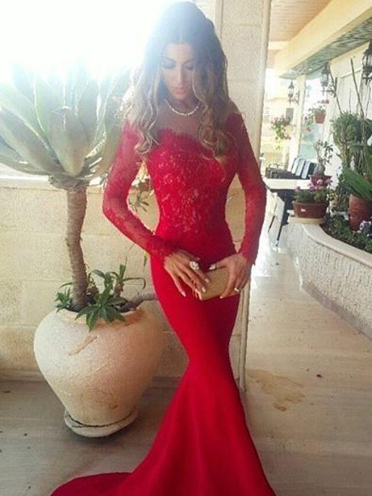 Train Elastic Sleeves Lace Trumpet/Mermaid Sweep/Brush Off-the-Shoulder Long Woven Satin Dresses