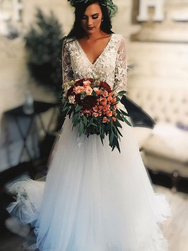Applique Sweep/Brush Tulle Sleeves A-Line/Princess Long V-neck Train Wedding Dresses