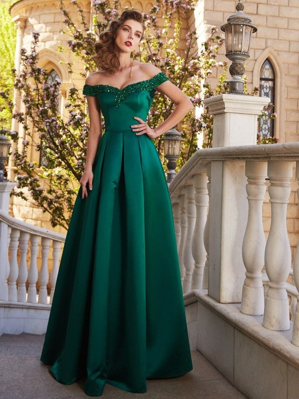 Sleeveless A-Line/Princess Sequin Off-the-Shoulder Satin Floor-Length Dresses