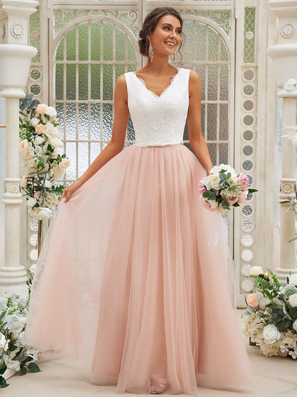 V-neck Tulle Sleeveless Lace A-Line/Princess Floor-Length Bridesmaid Dresses