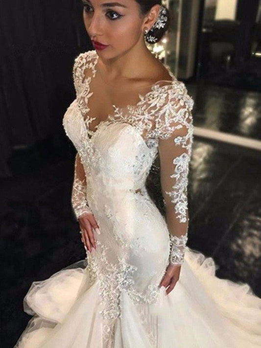 Lace Court Trumpet/Mermaid Train V-neck Long Sleeves Tulle Wedding Dresses