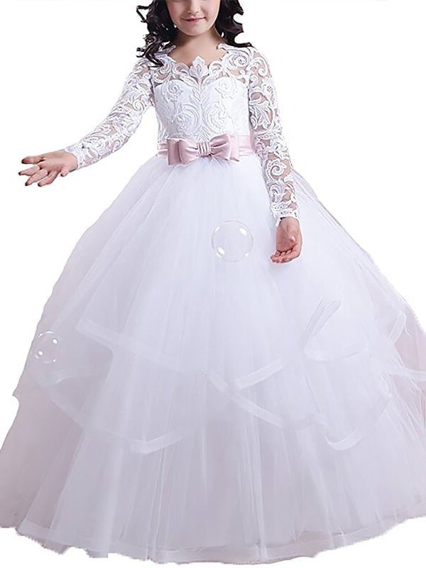 Sleeves Ball Gown Long Jewel Floor-Length Tulle Lace Flower Girl Dresses
