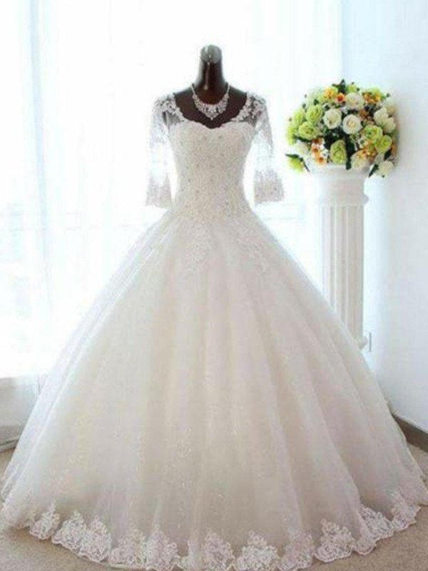 V-neck Sleeves Bateau Ball Gown Beading Tulle 3/4 Floor-Length Wedding Dresses