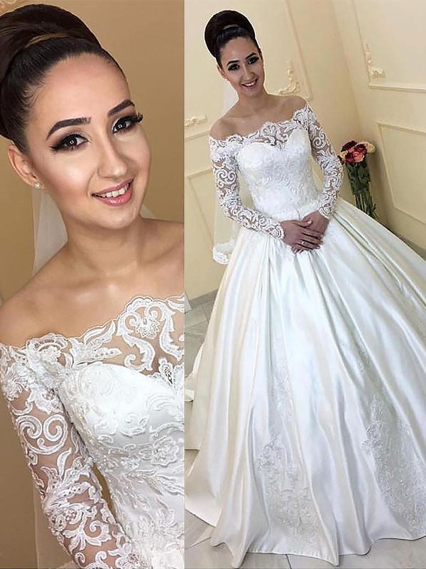 Gown Sleeves Off-the-Shoulder Satin Long Ball Court Train Wedding Dresses