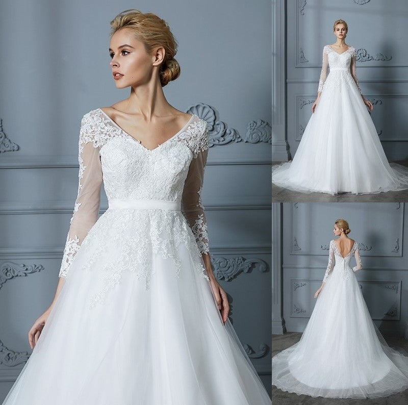 Ball V-neck Court Sleeves Long Train Lace Gown Tulle Wedding Dresses