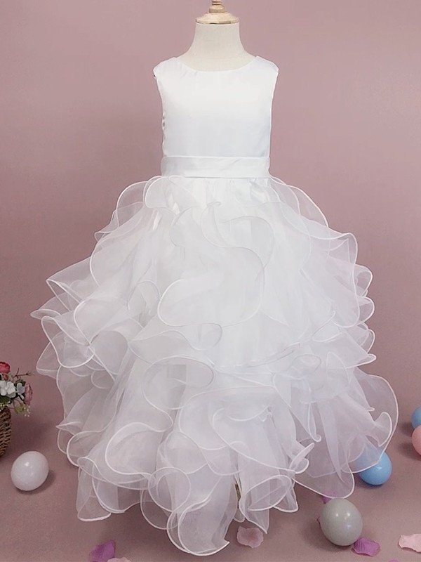 A-Line/Princess Scoop Organza Tea-Length Sleeveless Ruffles Flower Girl Dresses