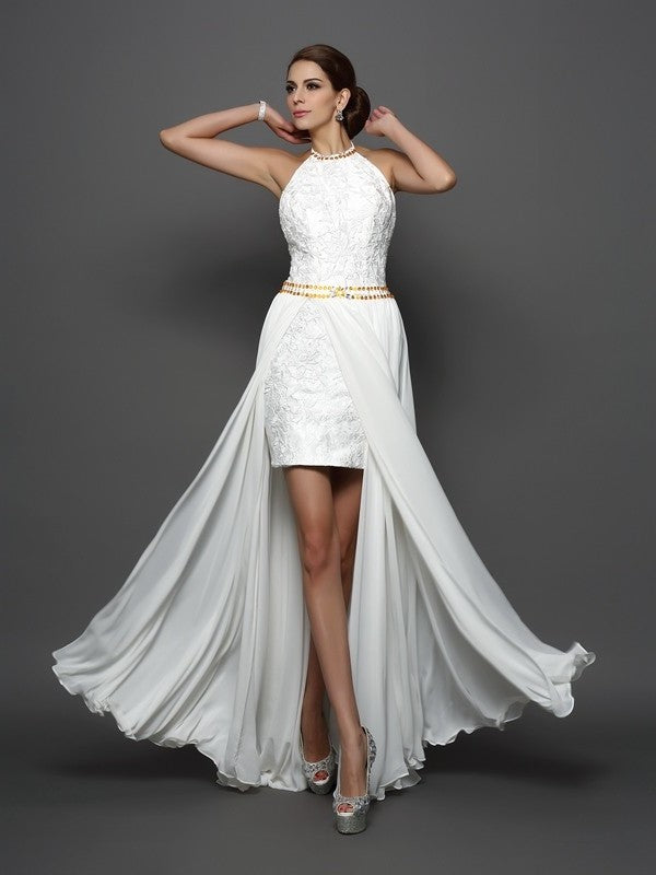 High A-Line/Princess Neck Long Lace Sleeveless Chiffon Wedding Dresses