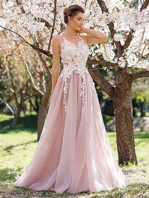 Sleeveless A-Line/Princess Floor-Length Jewel Applique Tulle Dresses