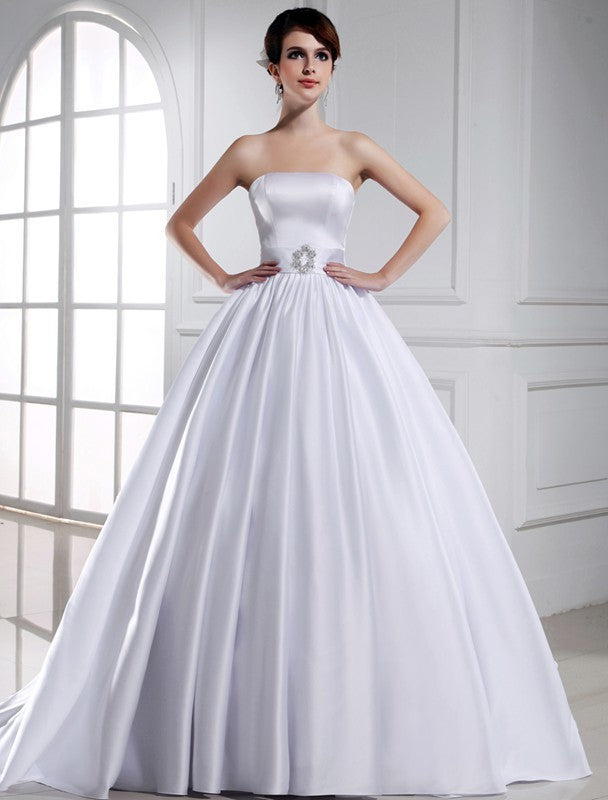 Sleeveless Strapless Ball Long Gown Beading Satin Wedding Dresses
