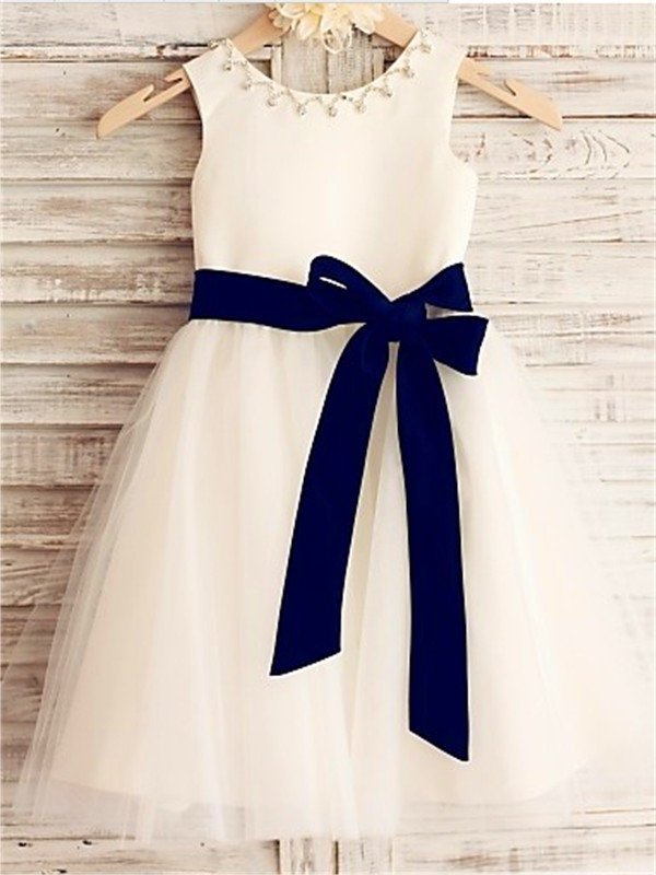 A-line/Princess Bowknot Tulle Sleeveless Scoop Tea-Length Flower Girl Dresses