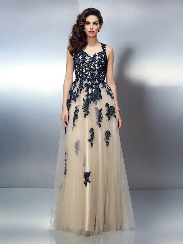 Straps Applique Sleeveless Long Elastic A-Line/Princess Woven Satin Dresses