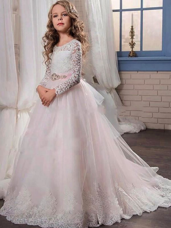 Gown Jewel Long Ball Train Lace Sleeves Tulle Sweep/Brush Flower Girl Dresses