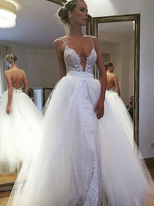 Tulle Lace Straps Spaghetti A-Line/Princess Sleeveless Floor-Length Wedding Dresses