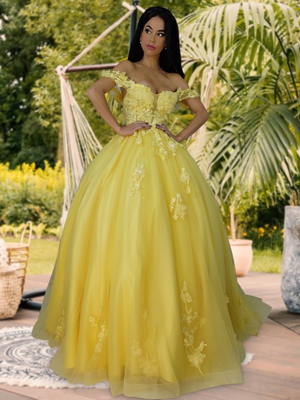Ball Sleeveless Applique Gown Tulle Off-the-Shoulder Sweep/Brush Train Dresses