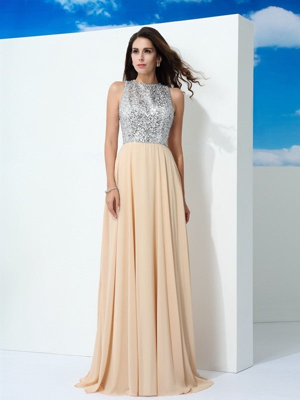 Sleeveless Paillette Scoop A-Line/Princess Long Chiffon Dresses