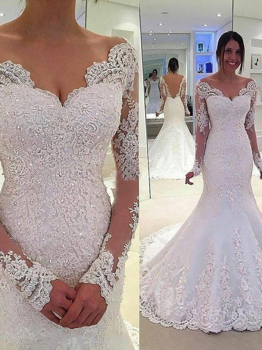 Lace Trumpet/Mermaid V-neck Train Sleeves Long Court Tulle Wedding Dresses