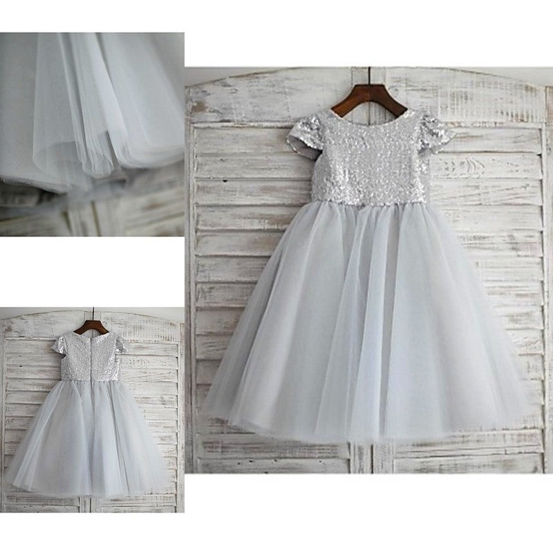 Tea-Length Sequin A-line/Princess Tulle Sleeves Short Scoop Flower Girl Dresses