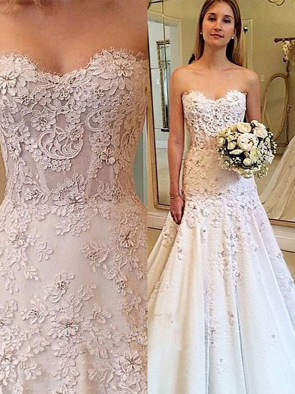 A-Line/Princess Court Lace Train Sweetheart Sleeveless Wedding Dresses
