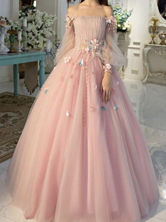 Sleeves Ball Gown Off-the-Shoulder Hand-Made Tulle Long Flower Floor-Length Dresses