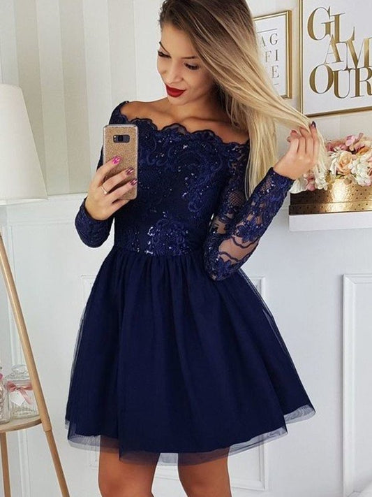 Sleeves Tulle A-Line/Princess Applique Long Off-the-Shoulder Short/Mini Homecoming Dress