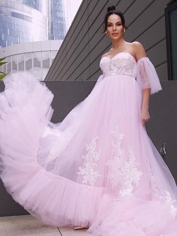 Sleeves A-Line/Princess Short Applique Sweetheart Tulle Court Train Wedding Dresses