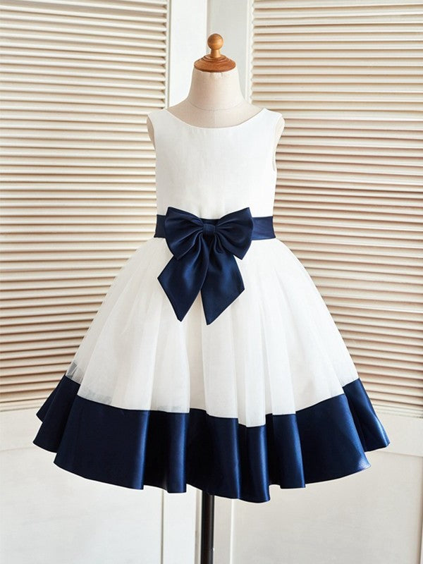 Sleeveless A-Line/Princess Satin Bowknot Knee-Length Scoop Flower Girl Dresses