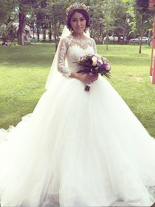 Ball Long Sleeves Bateau Gown Tulle Court Train Wedding Dresses