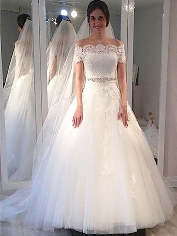 Short Off-the-Shoulder Sleeves Ball Gown Tulle Floor-Length Wedding Dresses