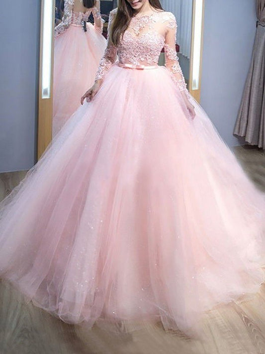 Jewel Long Gown Sweep/Brush Ball Train Sleeves Lace Tulle Dresses