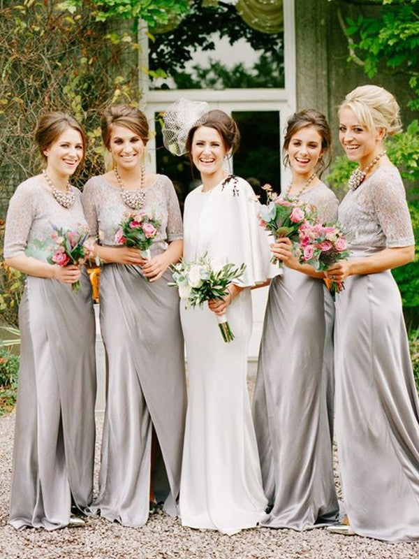 Scoop Sleeves Floor-Length 1/2 A-Line/Princess Satin Bridesmaid Dresses