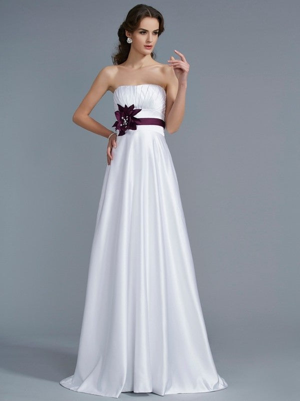 Hand-Made Flower Strapless Sleeveless A-Line/Princess Long Satin Dresses