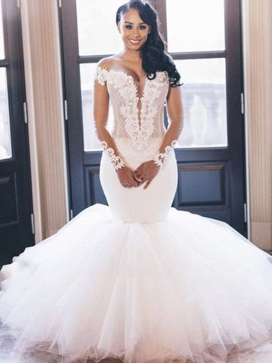 Sleeves Long Applique Trumpet/Mermaid Tulle Off-the-Shoulder Floor-Length Wedding Dresses