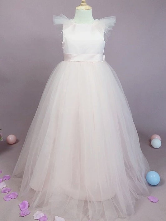A-Line/Princess Scoop Sleeveless Bowknot Floor-Length Tulle Flower Girl Dresses