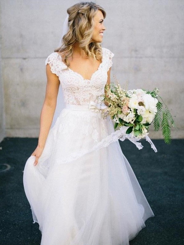 A-Line/Princess Lace Floor-Length Sleeveless V-neck Tulle Wedding Dresses