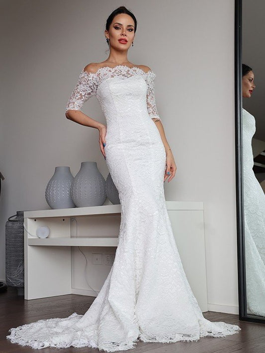 1/2 Sleeves Lace Ruffles Sweep/Brush Off-the-Shoulder Sheath/Column Train Wedding Dresses