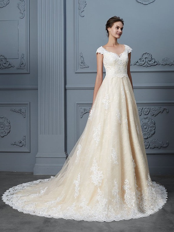 Court Sweetheart Train Ball Sleeveless Gown Beading Lace Wedding Dresses