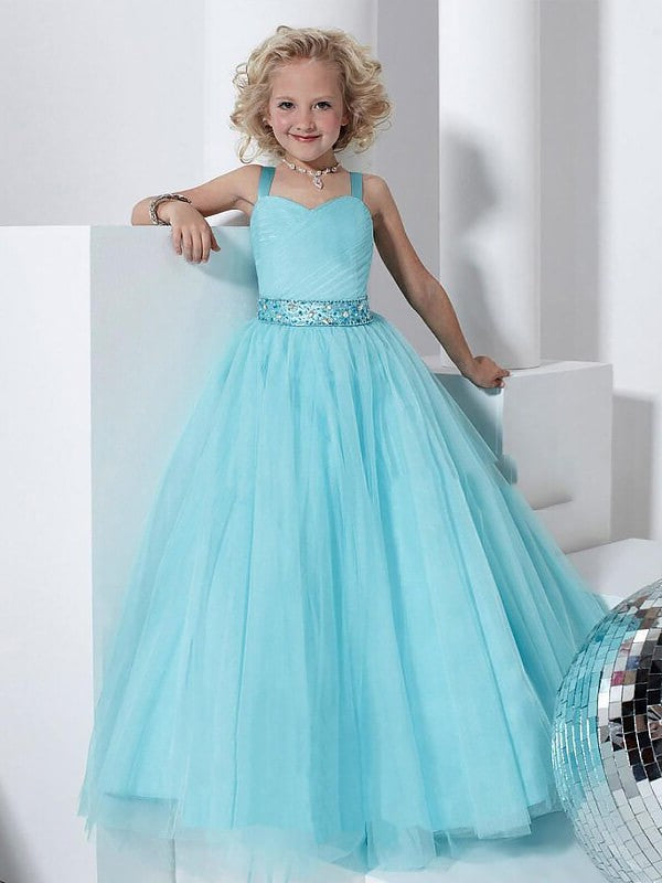 Gown Straps Floor-Length Sleeveless Crystal Ball Tulle Flower Girl Dresses