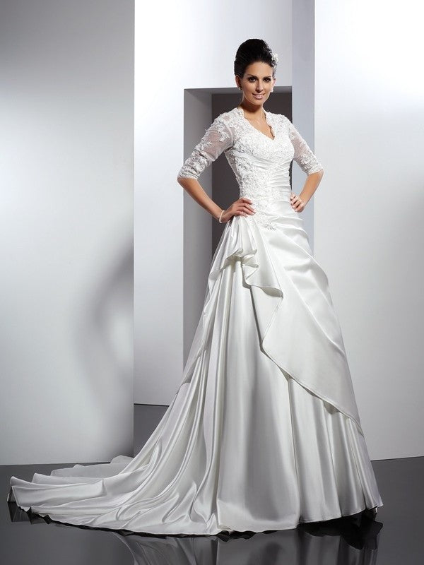 1/2 V-neck Applique Long A-Line/Princess Sleeves Satin Wedding Dresses