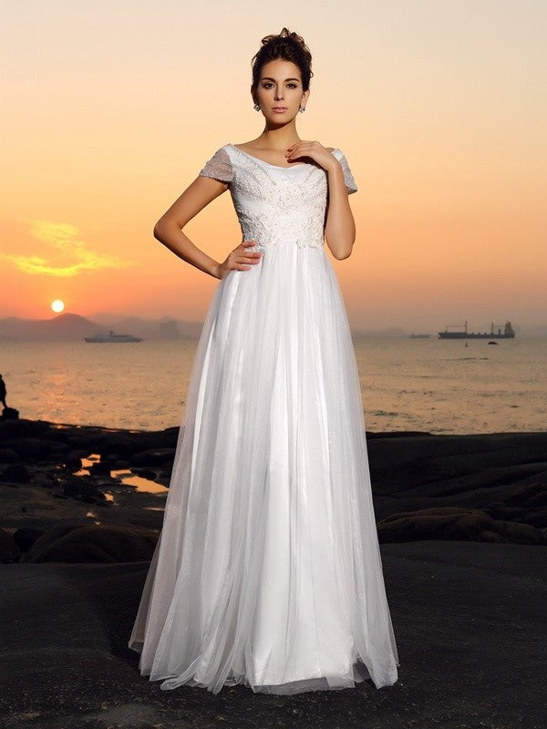 Beading Off-the-Shoulder A-Line/Princess Sleeves Long Tulle Short Beach Wedding Dresses