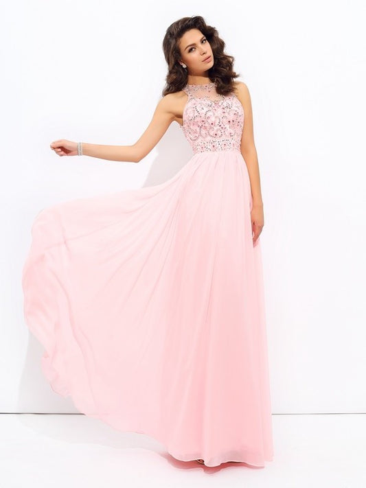 Jewel A-line/Princess Beading Sleeveless Long Chiffon Dresses